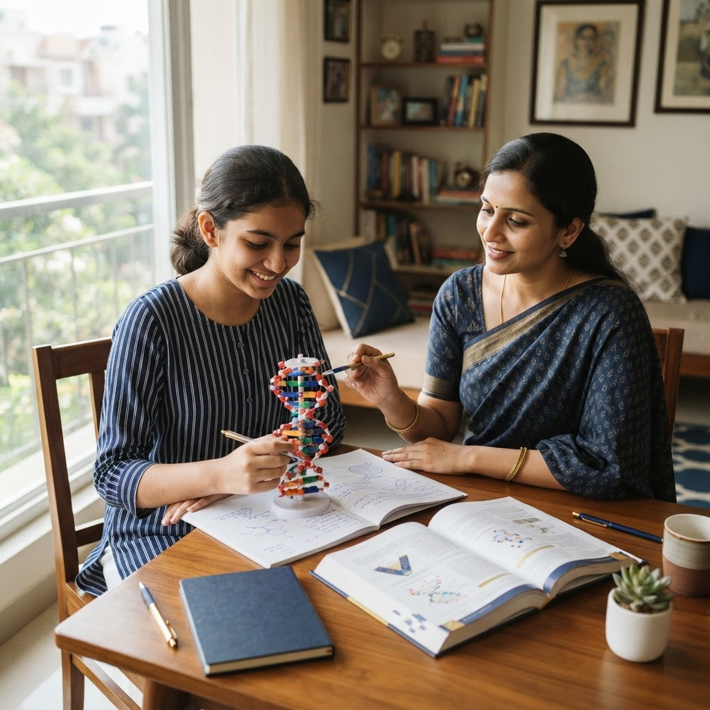A home tutor guiding a student through a mathematics notebook at a study table